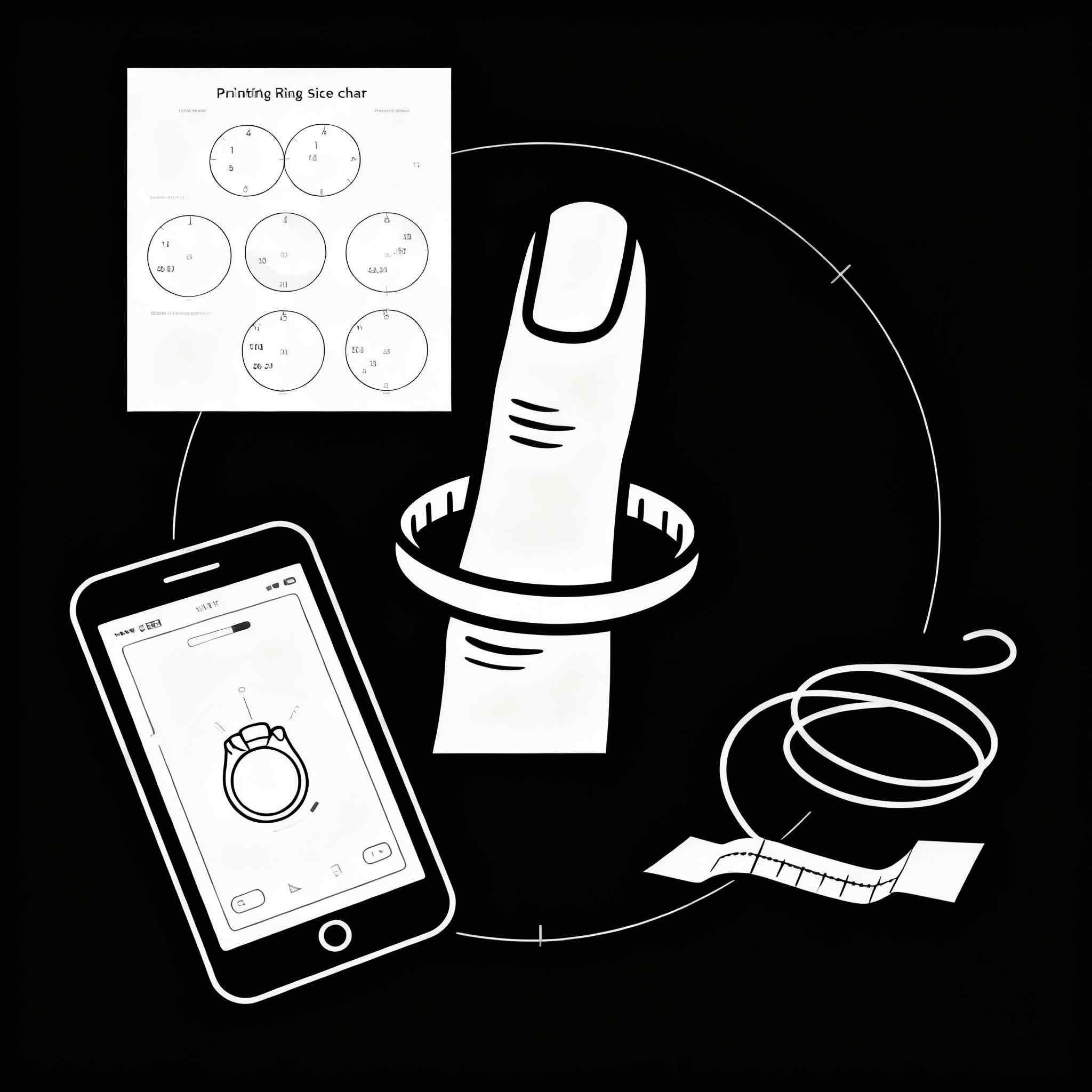 RingFit Guide - The Only Digital Ring Size Guide You'll Ever Need Ring Size Chart 戒指尺寸测量工具 A ring being measured on a printable ring size chart.